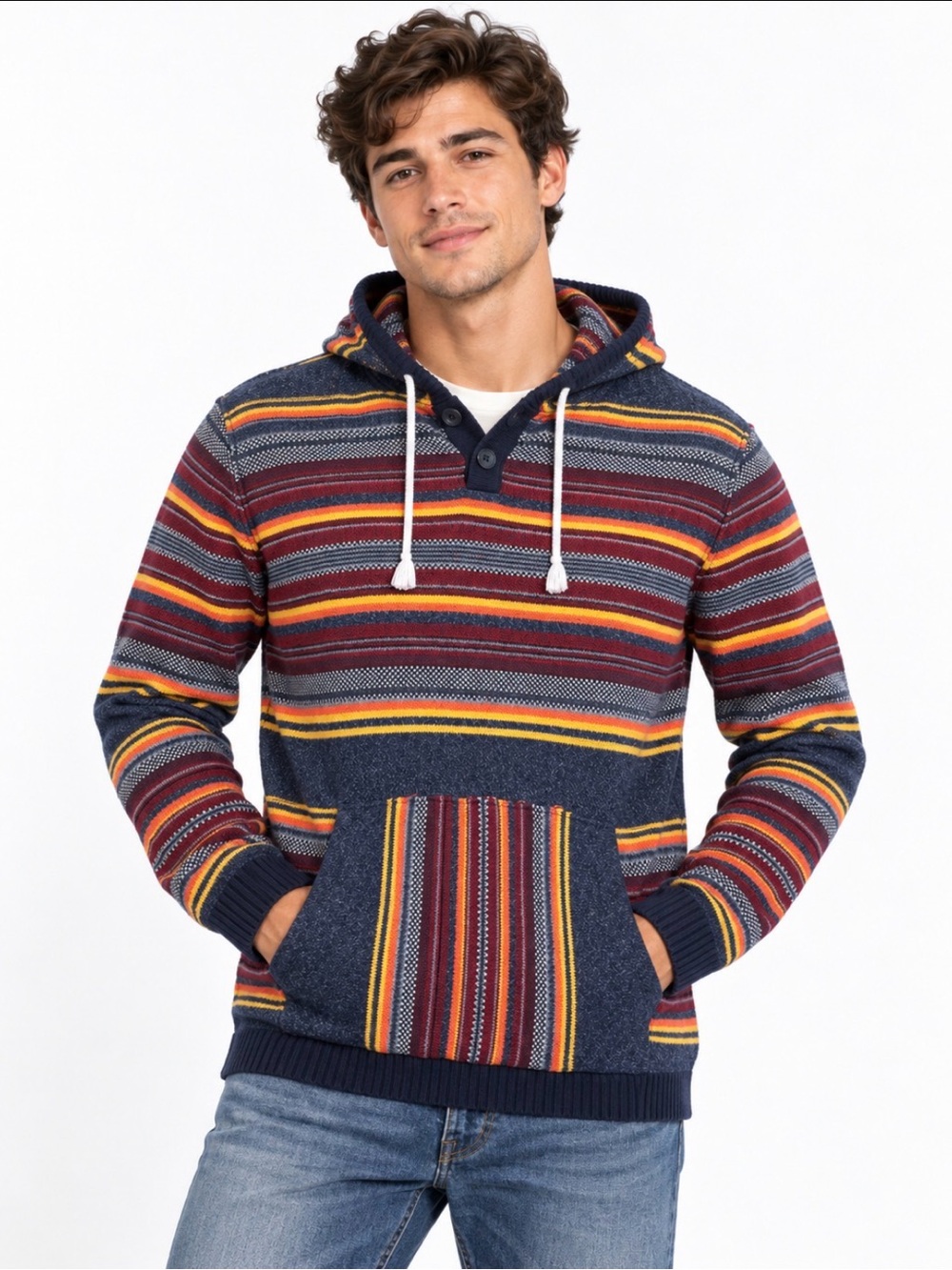 Men's Striped Hooded Pullover Sweater - Navy, Burgundy & Mustard